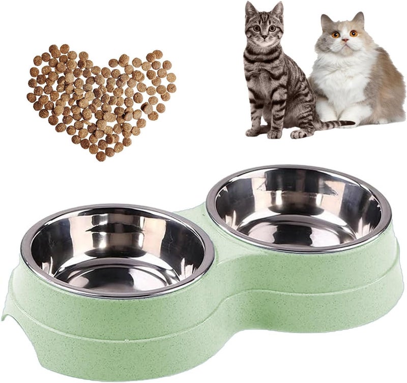 AKEISHE Double Cat Food Bowl -Stainless Steel Bowls with Easy-to-Clean Detachable Design, Non-Slip Base, Pet Feeder for Kittens and Medium Cats (Green) - Image 1